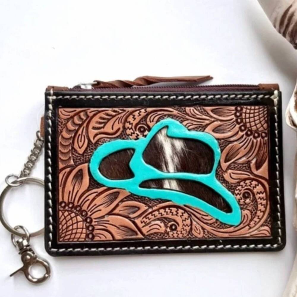 NEW BOHO RANCH women's cowboy hat western cowhide tooled leather keychain wallet